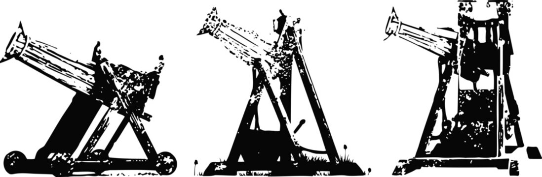 Set of vintage and medieval catapults and trebuchets in silhouette, ancient siege weapons
