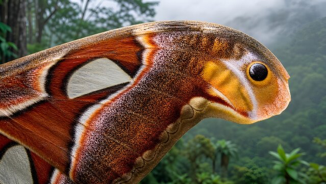 Detailed close-up photography of the intricate wing patterns and head of a majestic atlas moth, captured in its natural tropical forest habitat, ideal for wildlife, entomology, and nature stock