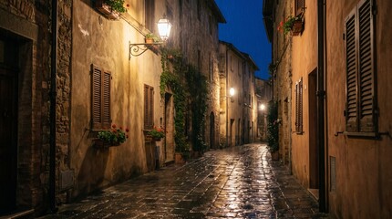 Fototapeta premium Rainy Night European Cobblestone Alley with Glowing Lanterns