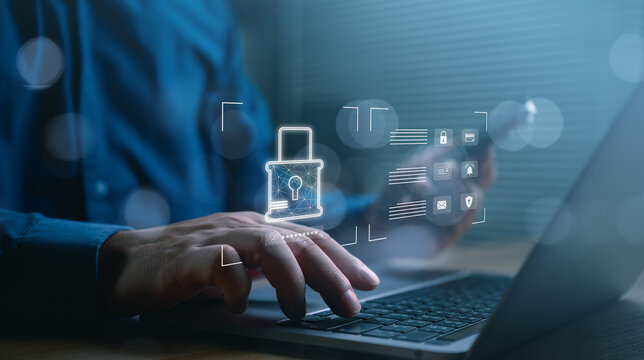 Cybersecurity lock icon on laptop illustrating secure login, data protection, encryption, identity authentication, cloud security, online privacy, and enterprise network defense technology.