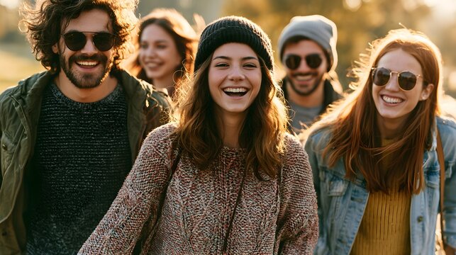 friends group enjoying outdoor activity together friendship lifestyle happiness concept realistic lighting commercial stock photography