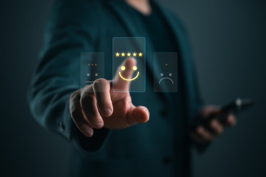 Customer satisfaction rating interface showing five-star feedback, positive online review, client experience, service quality evaluation, user feedback, CRM performance, and business success.