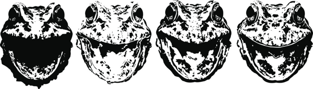 Four smiling frog faces in black and white, style, happy amphibians with textured skin