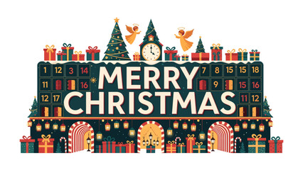 Naklejka premium Festive Christmas Countdown Calendar: An elaborately decorated Christmas advent calendar, complete with festive trees, angelic figures, and numerous gift boxes.