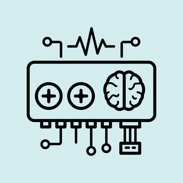 Electronic sound processor and synthesizer box line icon with brain and waveform symbols.