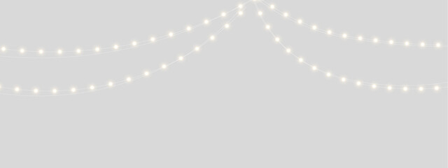 Christmas garland with glowing golden bulbs isolated on transparent background. Bright festive lights create a warm holiday mood. Perfect for banners and invitations. © Alex