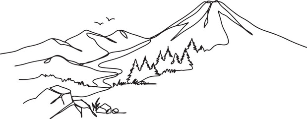 Obraz premium Landscape. Japan. High mountains and rocks. Asian nature. Vast forest. One continuous line. Linear. Hand drawn. one line Icon drawing