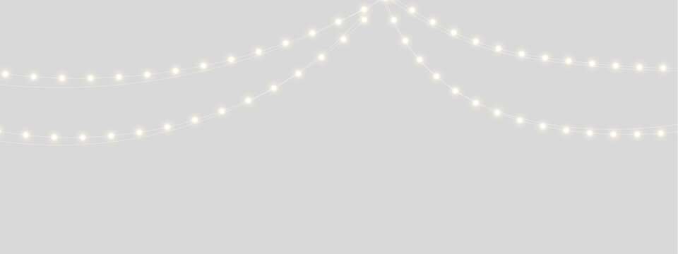 Christmas garland with glowing golden bulbs isolated on transparent background. Bright festive lights create a warm holiday mood. Perfect for banners and invitations.