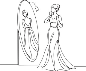Fototapeta premium Continuous single one drawn line women, women in evening dress costume worn in front of the mirror. one line Icon drawing