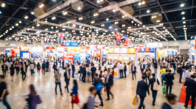 Blurred view of a crowded trade show exhibition hall with people walking between booths