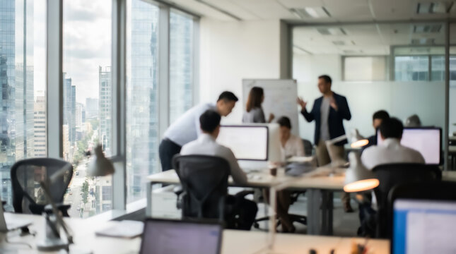 Professional business team collaborating in a modern office with city skyline view