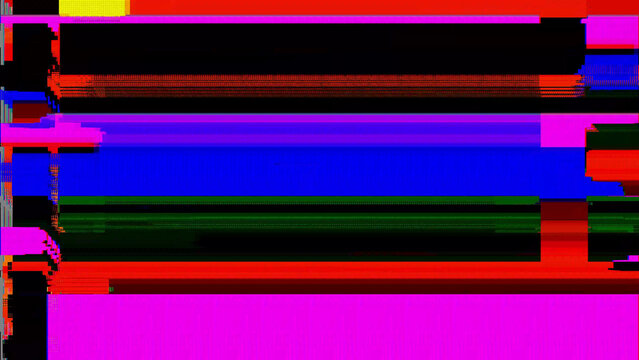 Colorful digital glitch texture with pixel corruption, RGB noise and distorted signal artifacts on black background. Abstract tech background for video effects, cyber design, screen errors