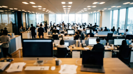 Fototapeta premium Blurred view of a busy modern office space with employees working at their desks