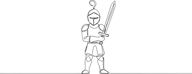 Fototapeta premium One continuous drawing line young man knight with sword in hand. Single hand drawn art line doodle outline. one line Icon drawing