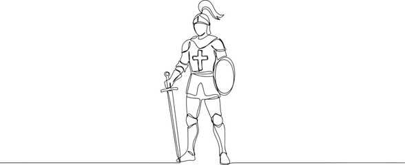 Fototapeta premium One continuous drawing line young man knight with sword in hand. Single hand drawn art line doodle outline. one line Icon drawing