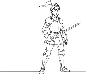 Fototapeta premium One continuous drawing line young man knight with sword in hand. Single hand drawn art line doodle outline. one line Icon drawing