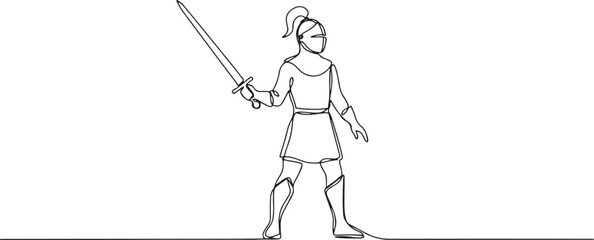 Fototapeta premium One continuous drawing line young man knight with sword in hand. Single hand drawn art line doodle outline. one line Icon drawing