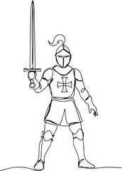 Fototapeta premium One continuous drawing line young man knight with sword in hand. Single hand drawn art line doodle outline. one line Icon drawing