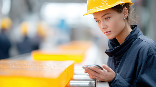 Female steel mill worker inspecting glowing steel slabs on roller conveyor for industrial safety background and manufacturing banner
