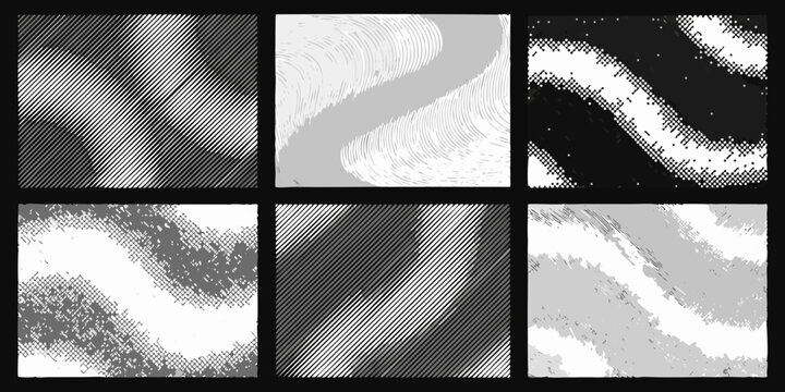 Grayscale gradient textures abstract linear patterns in six panels