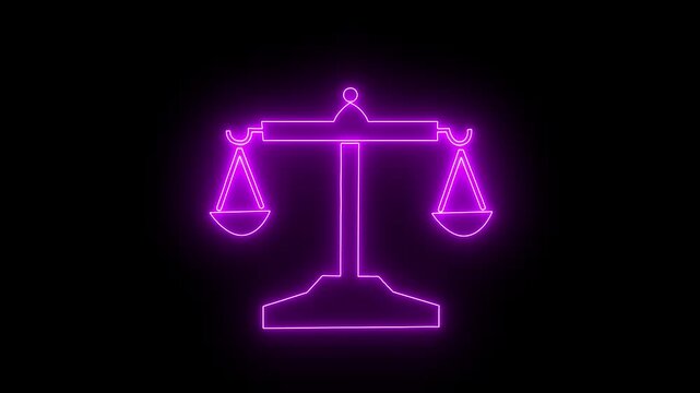 Neon glowing justice icon video animation . Neon glowing Scales and justice video animation on black background. neon Justice scale balance symbol law concept animation. 4K video