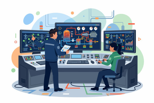 Professional Electricians Monitoring Industrial Power Station Control