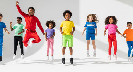 Obraz premium Diverse group of children in vibrant athletic wear jumping joyfully against a clean white background, symbolizing energy, childhood, and movement
