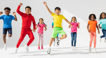 Fototapeta premium Diverse group of smiling children jumping with joy against a plain white background, symbolizing energy, happiness, and childhood freedom