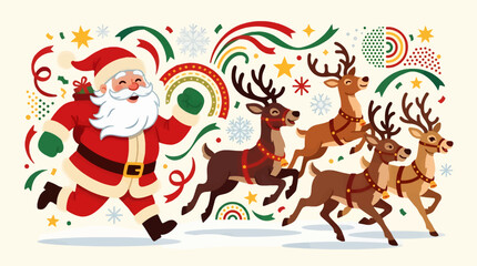 Fototapeta premium Flat Design Santa Claus Running with Reindeer Team, Festive Christmas Illustration with Snowflakes and Ribbons, Joyful Winter Holiday Scene