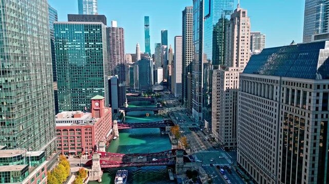 Chicago, USA - October 21, 2024: Skyscraper architecture. Chicago city cityscape. Cityscape with skyscraper building. Downtown architecture and river. Chicago City. Chicago city downtown