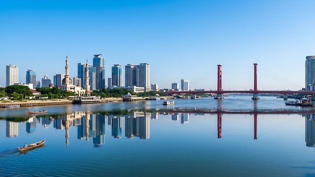 Panoramic city skyline view featuring the iconic Ampera Bridge over the Musi River in Palembang Indonesia under a clear blue sky