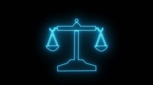 Neon glowing justice icon video animation . Neon glowing Scales and justice video animation on black background. neon Justice scale balance symbol law concept animation. 4K video