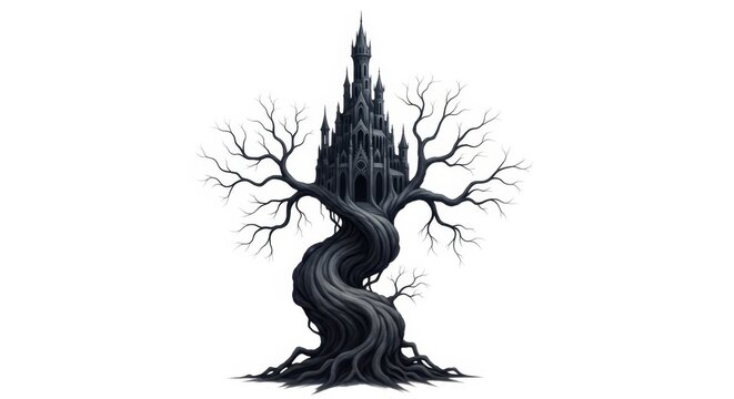 Dark twisted tree with castle on top
