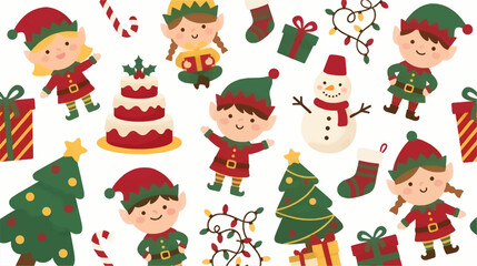 Fototapeta premium Cute Flat Christmas Elves and Festive Elements Seamless Pattern, Including Trees, Snowman, Gifts and Cake, Festive Holiday Vector Illustration