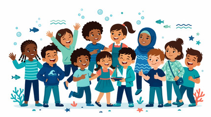 Obraz premium Diverse Cartoon Children Playing Underwater with Fish, Bubbles, and Coral, Flat Vector Illustration