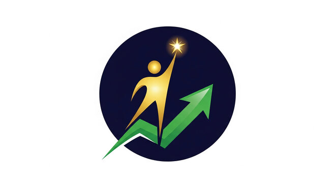 Golden figure reaching for star atop green upward arrow on dark blue circle, symbolizing success and growth, ideal for business concepts.
