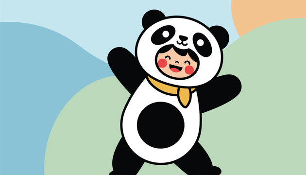 Adorable illustration of a happy child wearing a cute panda costume and dancing against a colorful background.