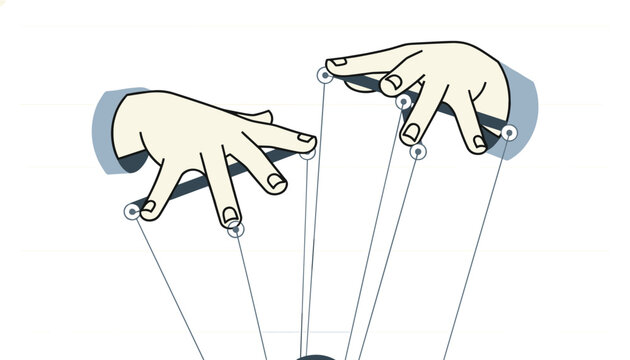 Concept of control or manipulation showing two hands pulling strings to move a puppet, representing influence or power.