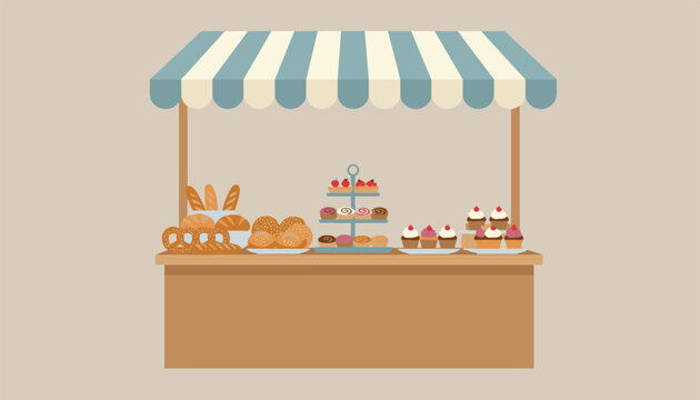 Charming bakery stall under a striped awning displaying a variety of fresh breads, rolls, pastries, and cupcakes.