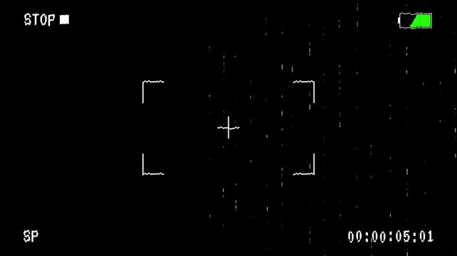Vintage VHS camcorder recording overlay featuring a stop button, static glitch effects, and timecode. 4k video