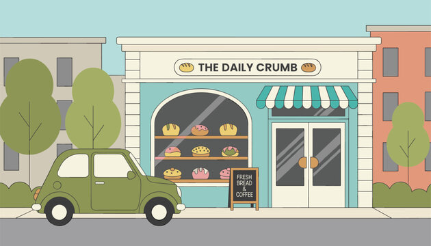 Street view of a cozy bakery named The Daily Crumb with fresh bread displays and a green car parked at the curb.
