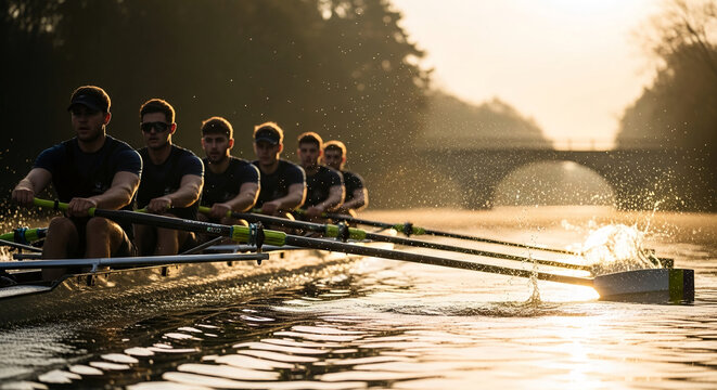 Team of rowers in sync on a misty river at sunrise, symbolizing teamwork, discipline, and the start of a new day, ideal for sports or motivational concepts.