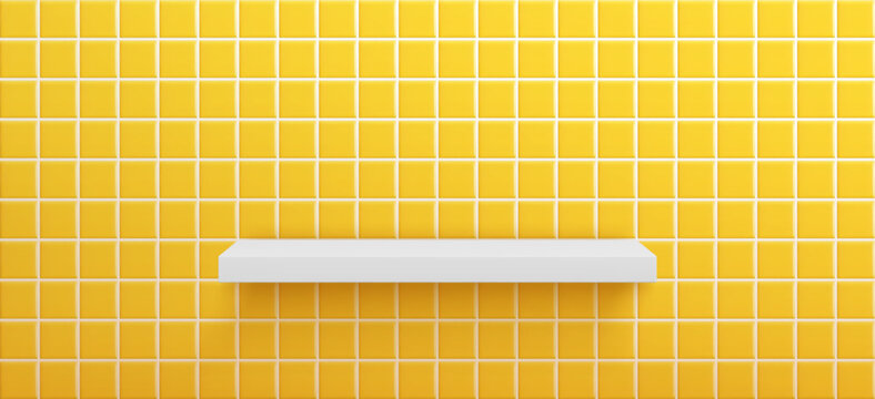 Realistic yellow ceramic tile wall in bathroom or kitchen interior with white shelf. Mosaic pattern background with display platform for product showcase. 3D Vector illustration