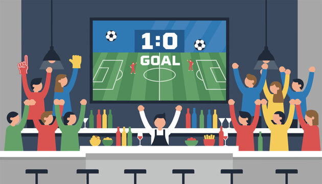 Enthusiastic crowd of fans cheering in a sports bar while watching a live football match on a large television screen showing a goal scored.