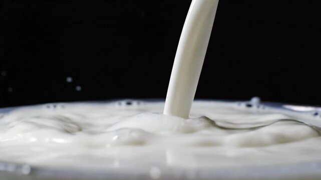 Fresh white milk pouring into a bowl on black background