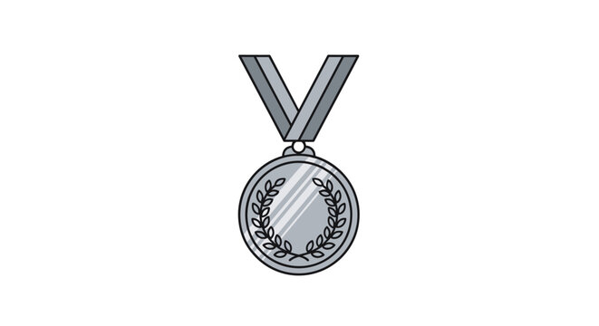 Silver medal icon with a gray ribbon and a laurel wreath represents achievement, victory, and second place in a competition.