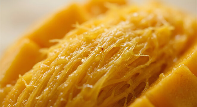 Mango Flesh Texture Showing Juicy Fibers, Macro Shot