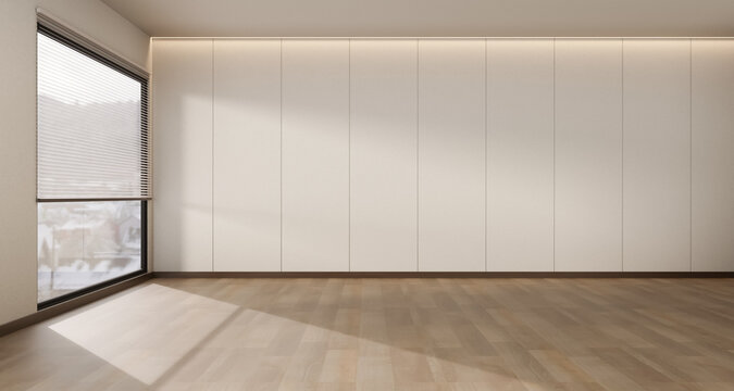 Empty modern office interior with minimalist wall and wooden floor
