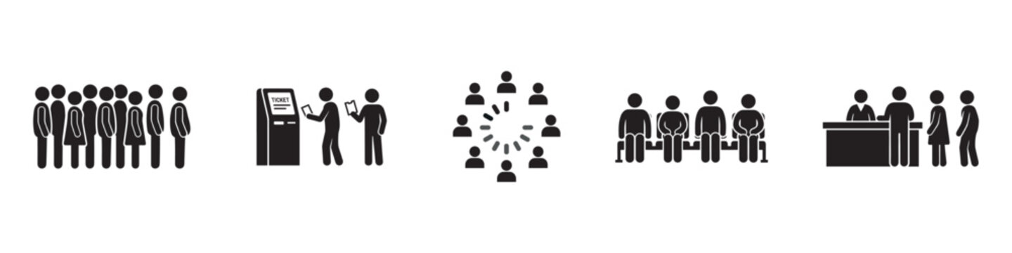 Queue and waiting line icon set. People standing in line, terminal registration, customer reception desk and electronic ticketing symbols. Vector illustration.