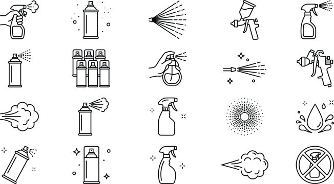 Spray bottle and aerosol can line icons set with paint gun mist trigger nozzle and cleaning liquid packaging
